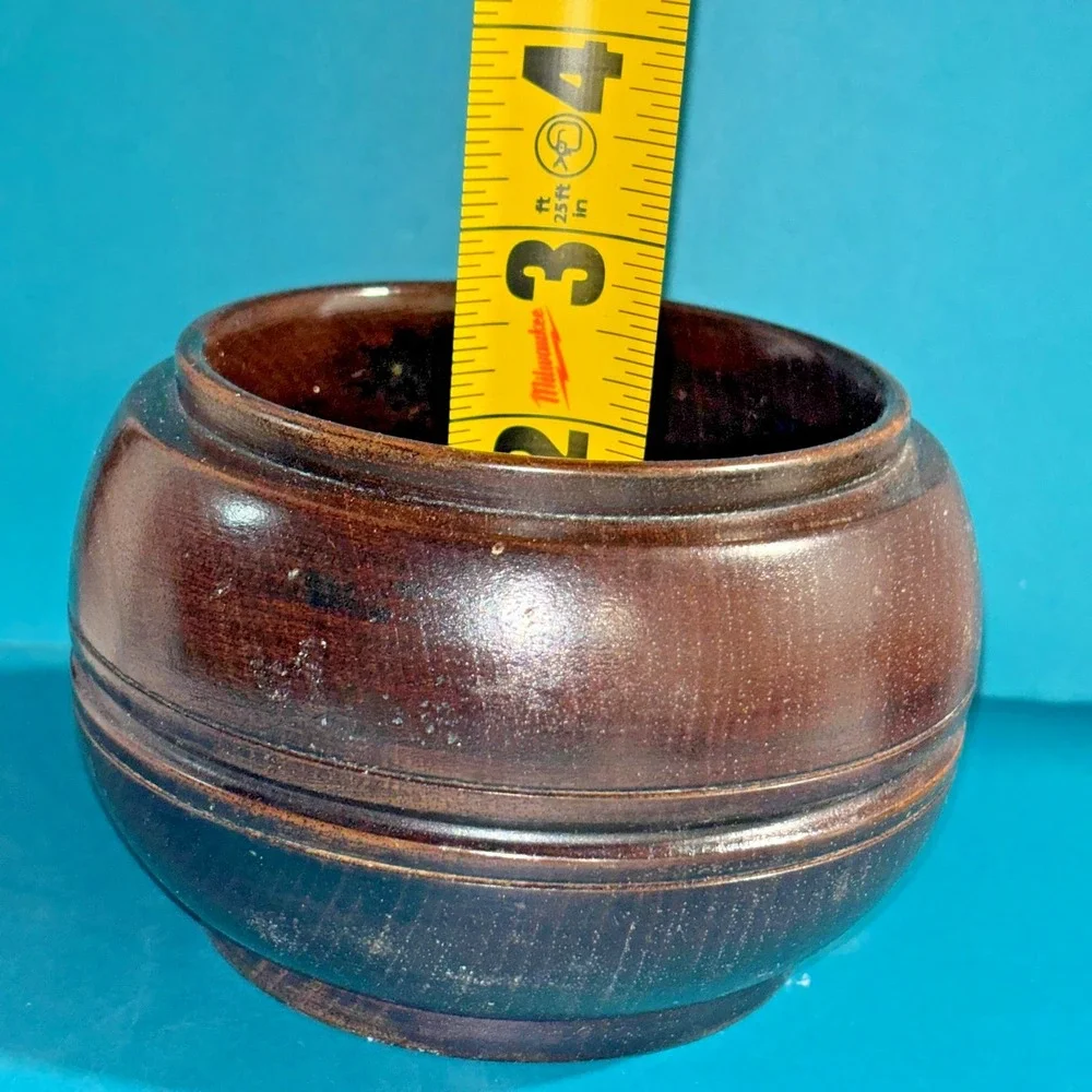 Vintage Turned Wood Bowl PLZ Marked 4in Hardwood Round Trinket Dish
